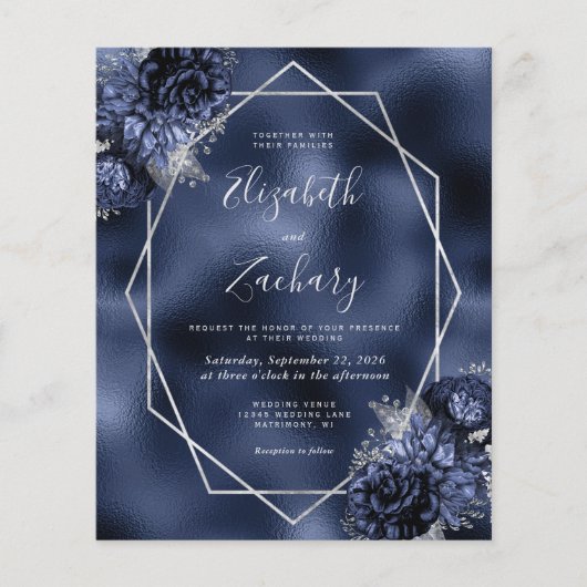 Budget Navy Blue Floral Silver Frame Foil Hochzeit (Vorderseite)