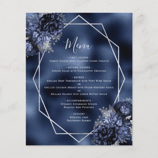 Budget Navy Blue Floral Silver Wedding Menü (Vorderseite)