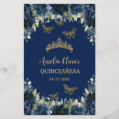 Budget Navy Blue Floral Sweet 16 Quinceañera Menü (Hinten)