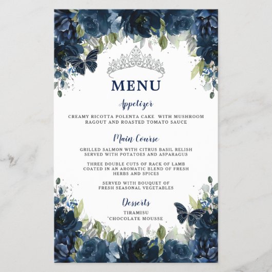 Budget Navy Blue Floral Sweet 16 Quinceañera Menü (Vorne)
