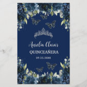 Budget Navy Blue Floral Sweet 16 Quinceañera Menü (Hinten)