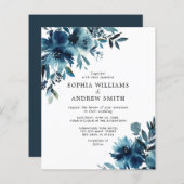 Budget Navy Blue Flowers Indigo Hochzeit Einladung (Vorne/Hinten)