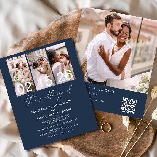 Budget Navy Blue Foto QR Code Hochzeit Einladung