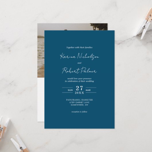 Budget Navy Blue Foto QR Code UAWG Wedding Einladung (Vorderseite/Rückseite Beispiel)