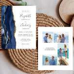 Budget Navy Blue Gold Agate 4-Foto Hochzeit Einlad<br><div class="desc">Die links Kulisse dieser eleganten, modernen Hochzeitseinladung besticht durch eine marineblau-blaue Aquarellgrenze mit vergoldetem Imitat-Glitzer. Der individuell anpassbare Text kombiniert handgeschriebene Holzkohle, Kupferplatte und kursiv Schriftart auf weißem Hintergrund. Die Rückseite bietet Platz für 4 Fotos (1 Quadrat, 2 horizontale, 1 lange vertikale) und Platz für Ihre Hochzeitswebsite URL oder andere...</div>