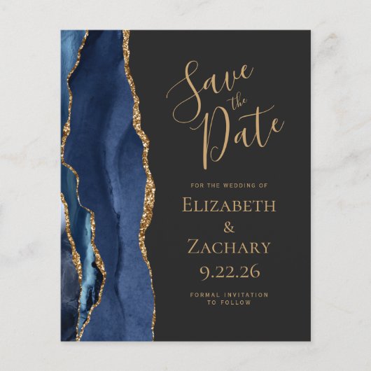 Budget Navy Blue Gold Agate Dark Save the Date (Vorderseite)