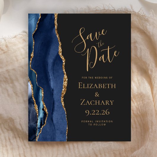 Budget Navy Blue Gold Agate Dark Save the Date