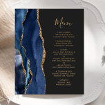 Budget Navy Blue Gold Agate Dark Wedding Menü<br><div class="desc">Die links Seite dieses eleganten,  modernen Hochzeitsmenüs besticht durch eine marineblau-blaue Aquarellgrenze,  die mit Imitaten mit goldenem Glitzer bestickt wurde. Der anpassbare Text kombiniert goldfarbene Handschriftenschrift mit Copperplate-Schriftart auf schwarzem Hintergrund. Auf der Rückseite ist ein passendes marineblau-goldfarbenes Design zu sehen.</div>