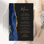 Budget Navy Blue Gold Agate Dark Wedding Menü<br><div class="desc">Die links Seite dieses eleganten,  modernen Hochzeitsmenüs besticht durch eine marineblau-blaue Aquarellgrenze,  die mit Imitaten mit goldenem Glitzer bestickt wurde. Der anpassbare Text kombiniert goldfarbene Handschriftenschrift mit Copperplate-Schriftart auf schwarzem Hintergrund. Auf der Rückseite ist ein passendes marineblau-goldfarbenes Design zu sehen.</div>
