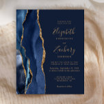 Budget Navy Blue Gold Agate Einladung Hochzeit<br><div class="desc">Die links Kulisse dieser eleganten,  modernen Hochzeitseinladung besticht durch eine marineblau-blaue Aquarellgrenze mit vergoldetem Imitat-Glitzer. Der anpassbare Text kombiniert goldfarbene Handschrift,  Copperplate und kursiv Schriftart auf marinebasischem Hintergrund. Auf der Rückseite ist ein passendes marineblau-goldfarbenes Design zu sehen.</div>