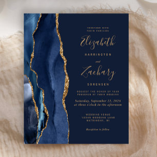 Budget Navy Blue Gold Agate Einladung Hochzeit