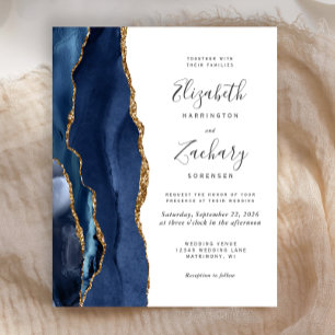 Budget Navy Blue Gold Agate Einladung Hochzeit
