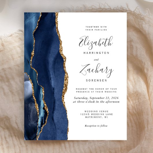 Budget Navy Blue Gold Agate Einladung Hochzeit