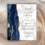 Budget Navy Blue Gold Agate Marmor Hochzeit Einlad<br><div class="desc">Die links Kulisse dieser eleganten,  modernen Hochzeitseinladung besticht durch eine marineblau-blaue Aquarellgrenze mit vergoldetem Imitat-Glitzer. Der anpassbare Text kombiniert eine goldfarbene Handschrift mit schwarzer Kupferplatte und kursiven Schriftart auf weißem und grauem Marmorhintergrund. Die Rückseite ist mit einem Blau- und Goldagat-Design ausgestattet.</div>