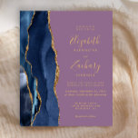 Budget Navy Blue Gold Agate Mauve Wedite Einladung<br><div class="desc">Die links Kulisse dieser eleganten, modernen Hochzeitseinladung besticht durch eine marineblau-blaue Aquarellgrenze mit vergoldetem Imitat-Glitzer. Der anpassbare Text kombiniert goldfarbene Handschrift, Copperplate und kursiven Schriftart auf einem lila Hintergrund. Auf der Rückseite ist ein passendes marineblau-goldfarbenes Design zu sehen. HINWEIS: Umschläge sind nicht automatisch in diese Einladungen mit dem Budget eingeschlossen....</div>