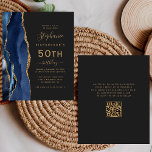 Budget Navy Blue Gold Agate QR Code 50. Geburtstag<br><div class="desc">Die links Kulisse dieses eleganten, modernen 50. Geburtstagsfeiers besticht durch eine marineblau-blaue Aquarellgrenze, die mit dem Glitzer der Imitate bestickt wurde. Der anpassbare Text kombiniert goldfarbene Handschrift, Copperplate und kursiv Schriftart auf schwarzem Schieferboden. Fügen Sie auf der Kartenrückseite UAWG Anweisungen hinzu, und Sie können einen QR-Code scannen, um online zu...</div>