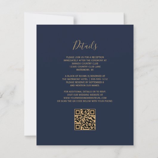 Budget Navy Blue Gold Agate QR Code Hochzeit einla (Rückseite)