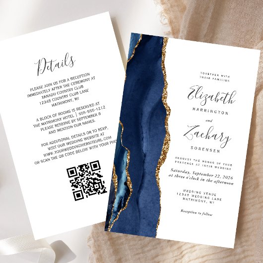 Budget Navy Blue Gold Agate QR Code Hochzeit einla
