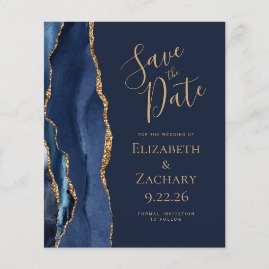 Budget Navy Blue Gold Agate Save the Date (Vorderseite)