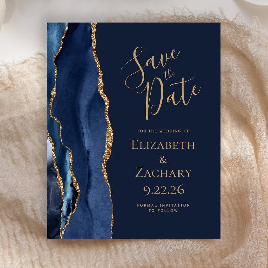 Budget Navy Blue Gold Agate Save the Date