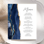 Budget Navy Blue Gold Agate Skript Hochzeitsmenü<br><div class="desc">Die links Seite dieses eleganten,  modernen Hochzeitsmenüs besticht durch ein marineblau-blaues Aquarelldesign mit vergoldetem Imitat-Glitzer. Der benutzerdefinierbare Text kombiniert handgeschriebene handgeschriebene Schriftzeichen aus Holzkohle und serifenlose Schriftart auf weißem Hintergrund. Die marineblau-goldene Agerate-Konstruktion wird auf der Rückseite wiederholt.</div>