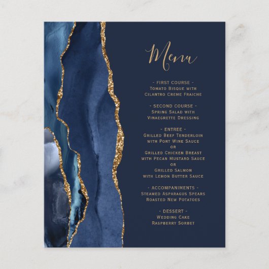 Budget Navy Blue Gold Agate Wedding Menu (Vorderseite)