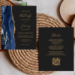 Budget Navy Blue Gold Dunkel QR Code Hochzeit einl<br><div class="desc">Rett die Kosten für das Drucken und Verschicken separater RSVP-Karten mit dieser eleganten, modernen All-in-One-Hochzeitseinladung. Der links Rand ist mit einem marineblauen Aquarellstreifen versehen, der mit goldfarbenem Imitat-Glitzer bestickt ist. Der anpassbare Text kombiniert goldfarbene Handschrift, Copperplate und kursiv Schriftart auf schwarzem Schieferboden. Die Rückseite bietet Platz für Hochzeitsdetails auf einem...</div>