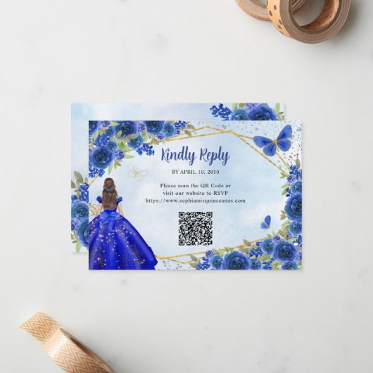 Budget Navy Blue Gold Floral Princess QR UAWG Mitteilungskarte (Vorderseite/Rückseite Beispiel)