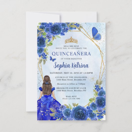 Budget Navy Blue Gold Floral Princess Quinceañera Mitteilungskarte (Vorderseite)