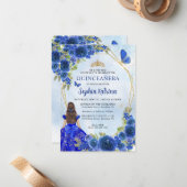 Budget Navy Blue Gold Floral Princess Quinceañera Mitteilungskarte (Vorderseite/Rückseite Beispiel)