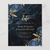 Budget Navy Blue Gold Floral Wedding Save the Date (Vorderseite)