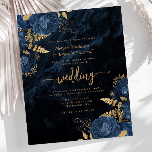 Budget Navy Blue Gold Floral Wedite Einladung