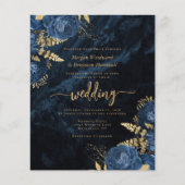 Budget Navy Blue Gold Floral Wedite Einladung (Vorderseite)
