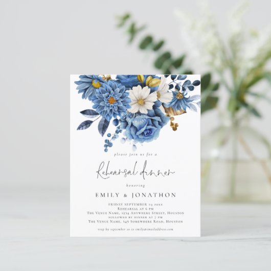 Budget Navy Blue Gold Florals Probe Dinner (Stehend Vorderseite)