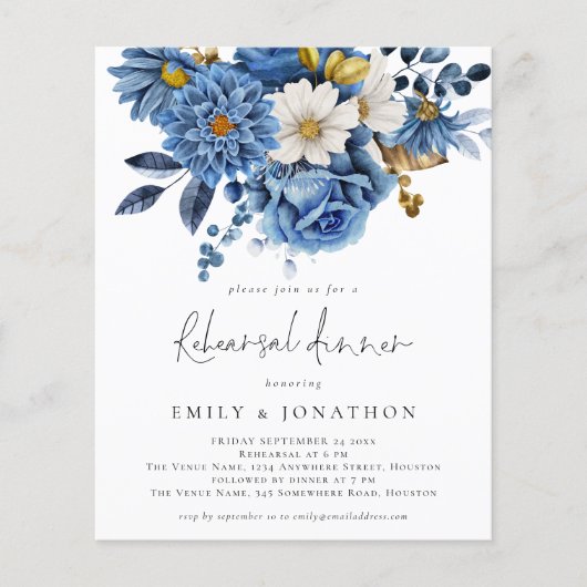 Budget Navy Blue Gold Florals Probe Dinner (Vorderseite)