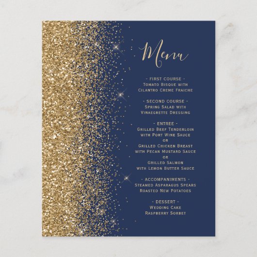 Budget Navy Blue Gold Glitzer Hochzeitmenü (Vorderseite)