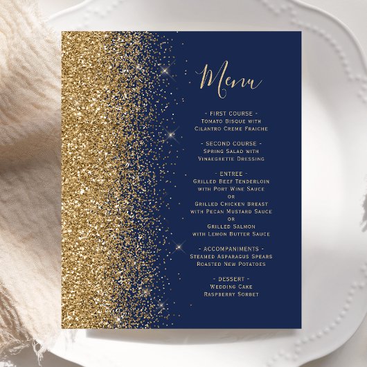 Budget Navy Blue Gold Glitzer Hochzeitmenü