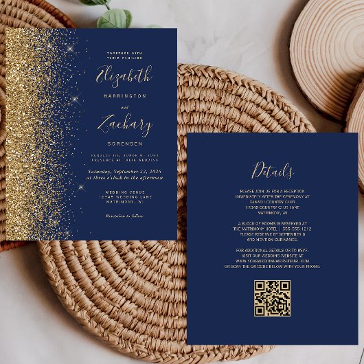 Budget Navy Blue Gold Glitzer QR Code Hochzeit