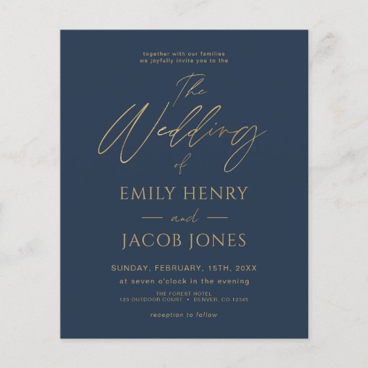 Budget Navy Blue Gold Hochzeit Moderne Einladung (Vorderseite)