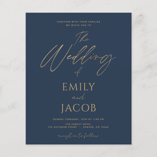 Budget Navy Blue Gold Hochzeit Moderne Typografie (Vorderseite)