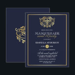 Budget Navy Blue & Gold Masquerade Sweet 16 Party<br><div class="desc">Budget Navy Blue & Gold Masquerade Sweet 16 Party Einladungen. Mit einer goldenen Folienmaske aus Imitaten oben vor einem marineblau-blauen Hintergrund. Perfekt für eine moderne und dennoch schicke,  süße 16 Geburtstagsparty!</div>