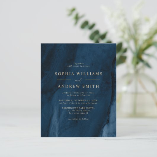 BUDGET Navy Blue & Gold Minimal Hochzeitseinladung (Stehend Vorderseite)