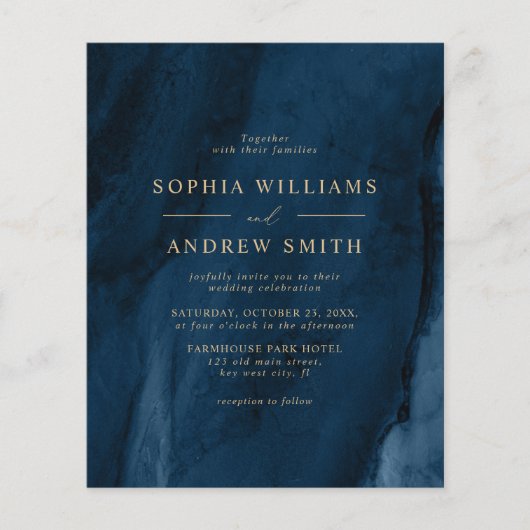 BUDGET Navy Blue & Gold Minimal Hochzeitseinladung (Vorderseite)