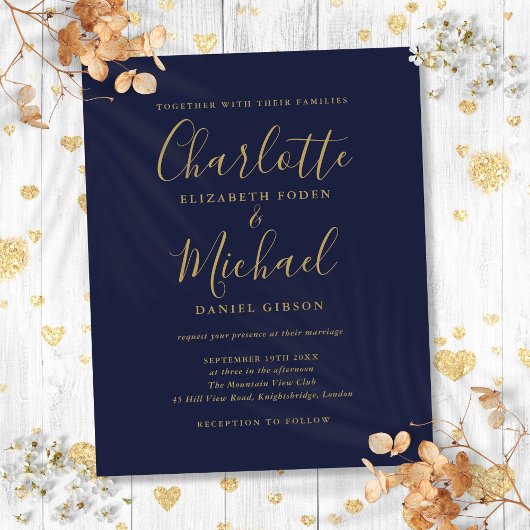 Budget Navy Blue Gold Script Einladung