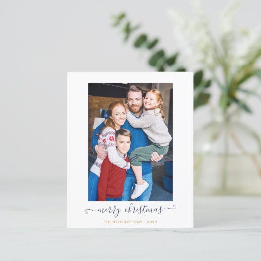 BUDGET Navy Blue Gold Script Frohe Weihnachten (Stehend Vorderseite)