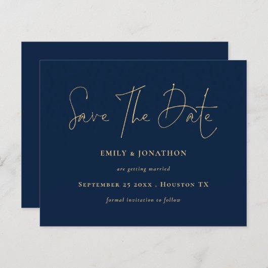 Budget Navy Blue Gold Script Save the Date (Vorne/Hinten)