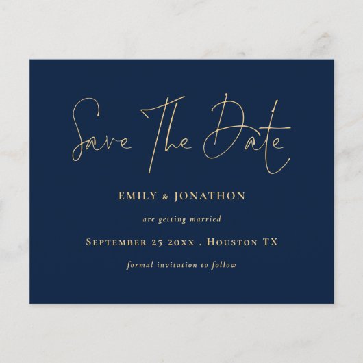 Budget Navy Blue Gold Script Save the Date (Vorderseite)