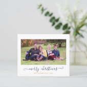 BUDGET Navy Blue Gold Script Weihnachts-Foto (Stehend Vorderseite)