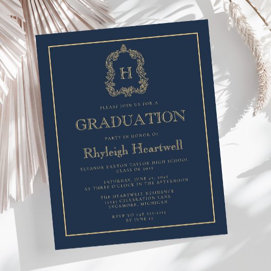 Budget Navy Blue Gold Wappen Graduation Party
