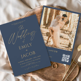 Budget Navy Blue Gold Wedding QR Code Foto Script